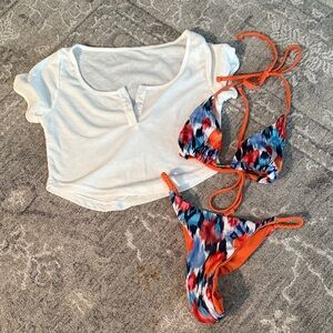 White Ribbed M Crop Top + Colorful Orange+Blue Ruched Bottom Bikini Set S